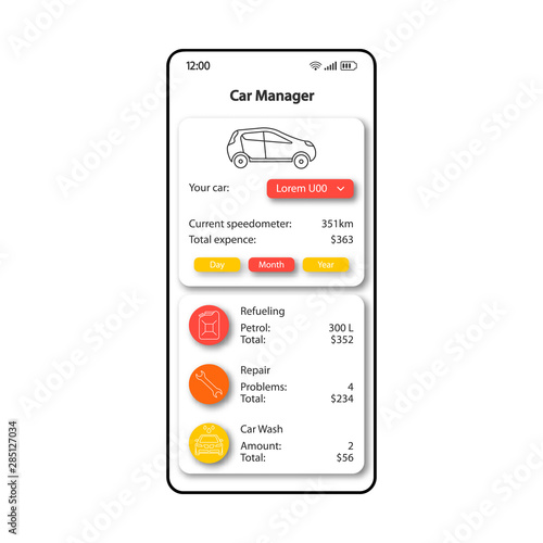 Car maintenance manager smartphone interface vector template. Mobile app page color design layout. Refueling, repair cost screen. Flat UI for application. Car wash expenses calculator phone display