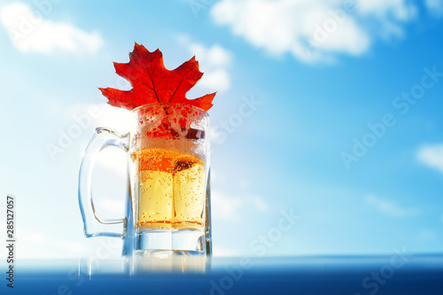 Glass of beer and a bright red autumn leaf against the background of the blue sky on the autumn sunny day. photo