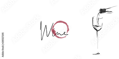 Glass of wine and wine stain. Hand drawn illustration, vector