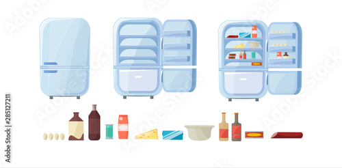 Refrigerator full of food. Empty and closed fridge set. Open cooler. Vector illustration in cartoon style.
