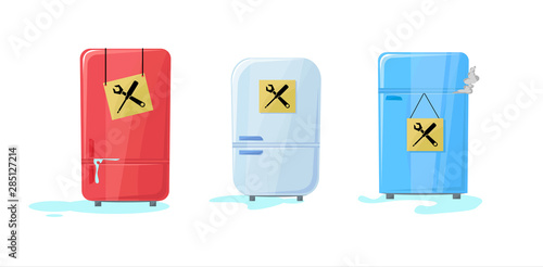 Fridge broken set with water flowing out. Freezer stoped working. A bit smoke from internally. Refrigerator.Sign board with maintenance icons. Need in service to fix. Vector illustration in cartoon