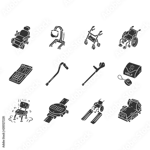 Disabled devices glyph icons set. Silhouette symbols. Mobility aid, handicapped medical equipment. Facilities for blind, old people. Hospital, retirement home equipment. Vector isolated illustration