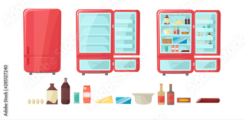 Fridge full of food. Empty and closed refrigerator set. Open cooler. Vector illustration in cartoon style.