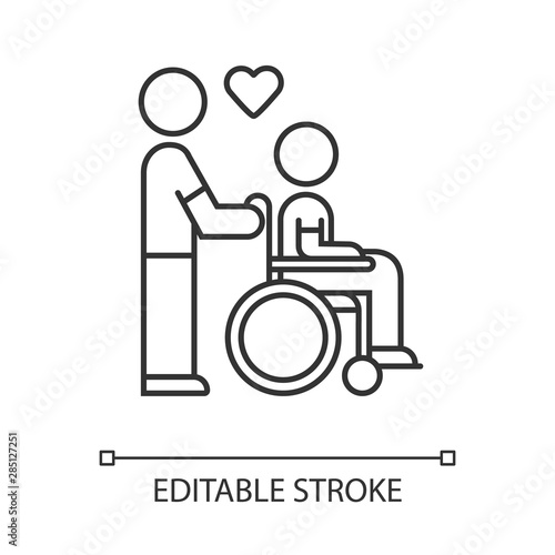 Disabled people help linear icon. Volunteer responsibility for handicapped. Man carries invalid in wheelchair. Thin line illustration. Contour symbol. Vector isolated outline drawing. Editable stroke