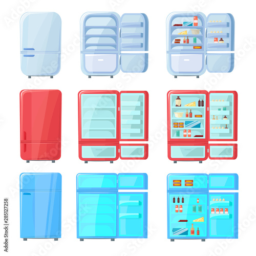 Fridge empty, open and closed  refrigerator set. Open cooler. A lot of food. Vector illustration in cartoon style.