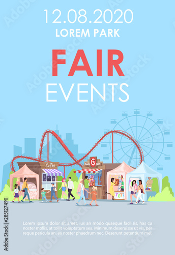 Fair events brochure template. Amusement park attractions flyer, booklet, leaflet concept with flat illustrations. Summer festival. Page layout for magazine. Funfair advertising invitation with text