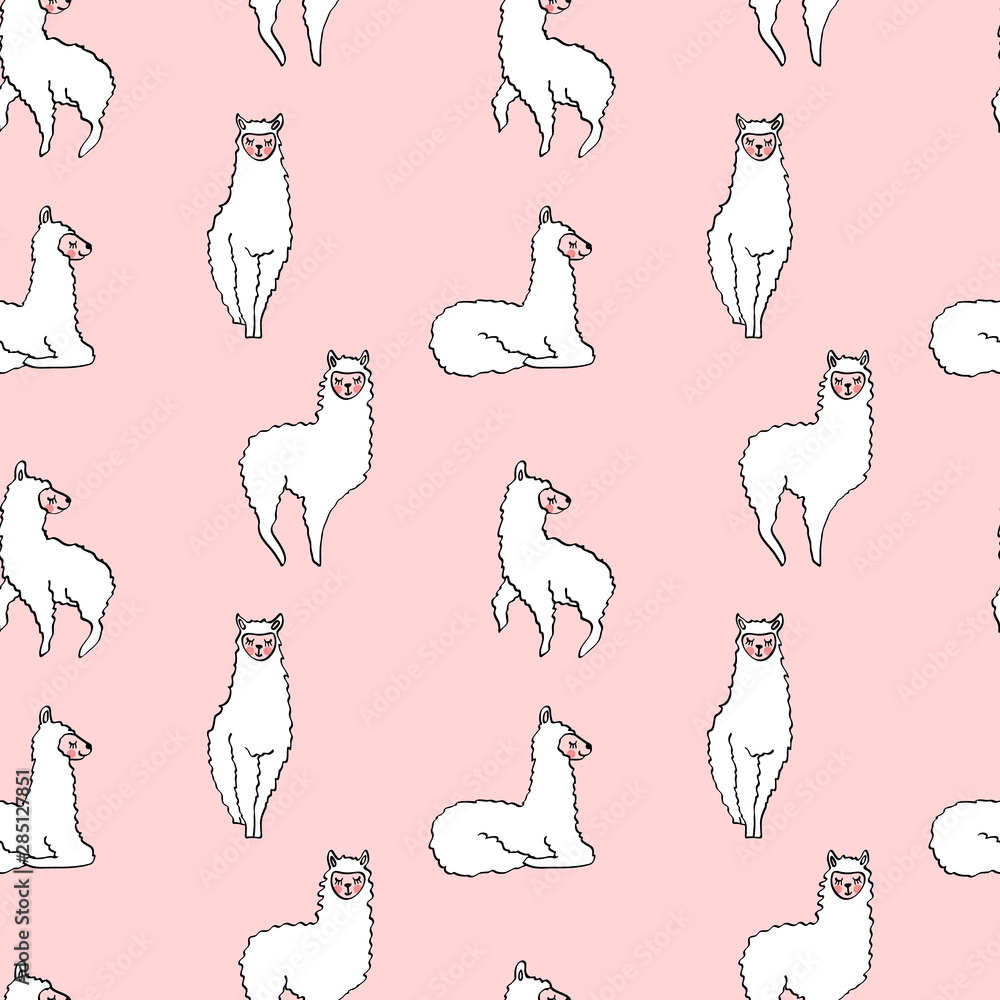 Seamless pattern with cute hand drawn lamas