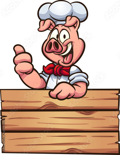 Cartoon chef pig making the thumb up sign and wooden sign clip art. Vector illustration with simple gradients. Some elements on separate layers. 