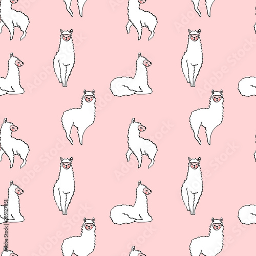 Seamless pattern with cute hand drawn lamas