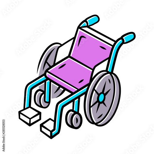 Manual wheelchair color icon. Wheel chair, mobility aid for disabled, invalid people with special needs. Handicapped, paralyzed patient hospital equipment. Isolated vector illustration