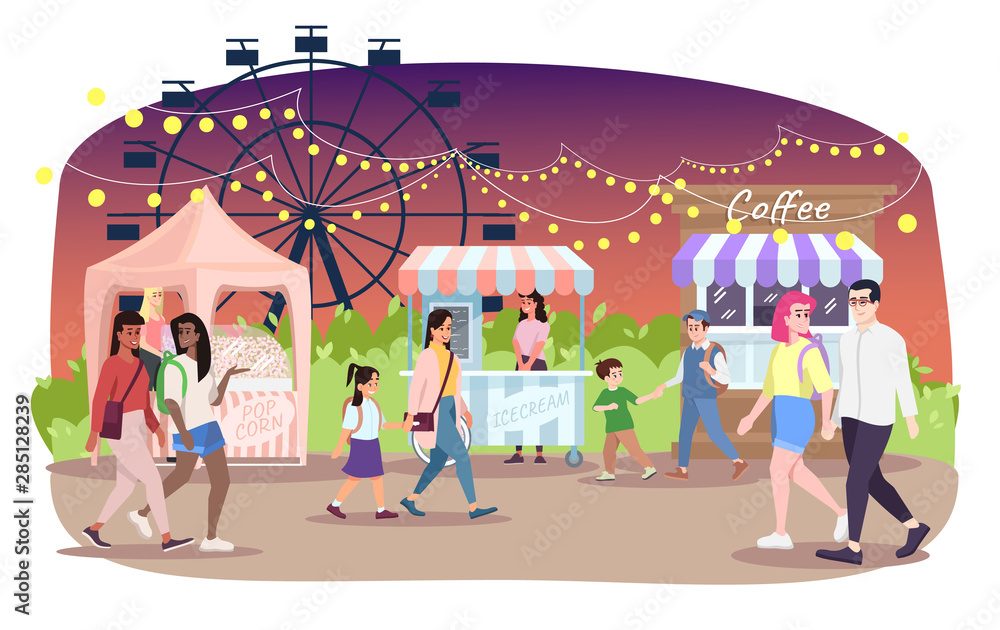 Night fair flat vector illustration. People walk street market cartoon characters. Festival, funfair, city event, amusement park food stalls. Popcorn, ice cream, coffee kiosks on fairground Stock Vector | Adobe Stock Night fair flat vector illustration. People walk street market cartoon characters. Festival, funfair, city event, amusement park food stalls. Popcorn, ice cream, coffee kiosks on fairground Stock Vector | Adobe Stock
