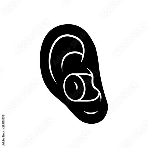 Noise cancelling earplugs glyph icon. Silicone, foam safety ear plug. Noise protection tool. Sleeping accessory. Airplane trip item. Silhouette symbol. Negative space. Vector isolated illustration