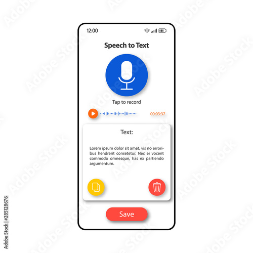 Speech to text transformer smartphone interface vector template. Mobile app page color design layout. Spoken phrases recognizer screen. Flat UI for application. Audio converter phone display