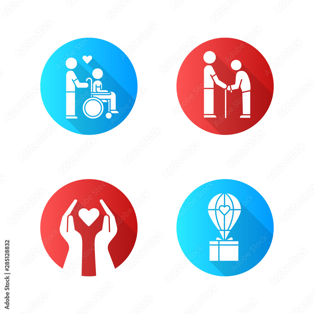 Volunteering flat design long shadow glyph icons set. Charity project, disabled and elderly people help, humanitarian assistance. Community service help. Vector silhouette illustration