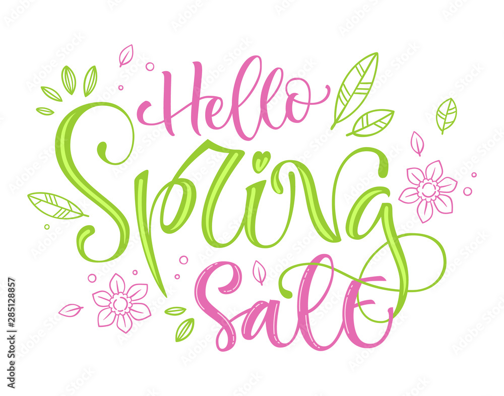 Hello Spring Sale - quote. Spring Sale handdrawn lettering phrase on white background. Vector calligraphy illustration. Modern design element. Seasonal celebration. Lettering typography. Seasonal