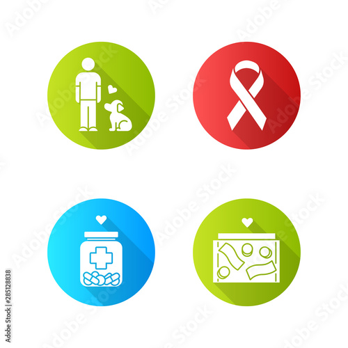 Volunteering flat design long shadow glyph icons set. Humanitarian assistance. Altruistic activity. Animals welfare, donation box, medical aid, awareness ribbon. Vector silhouette illustration
