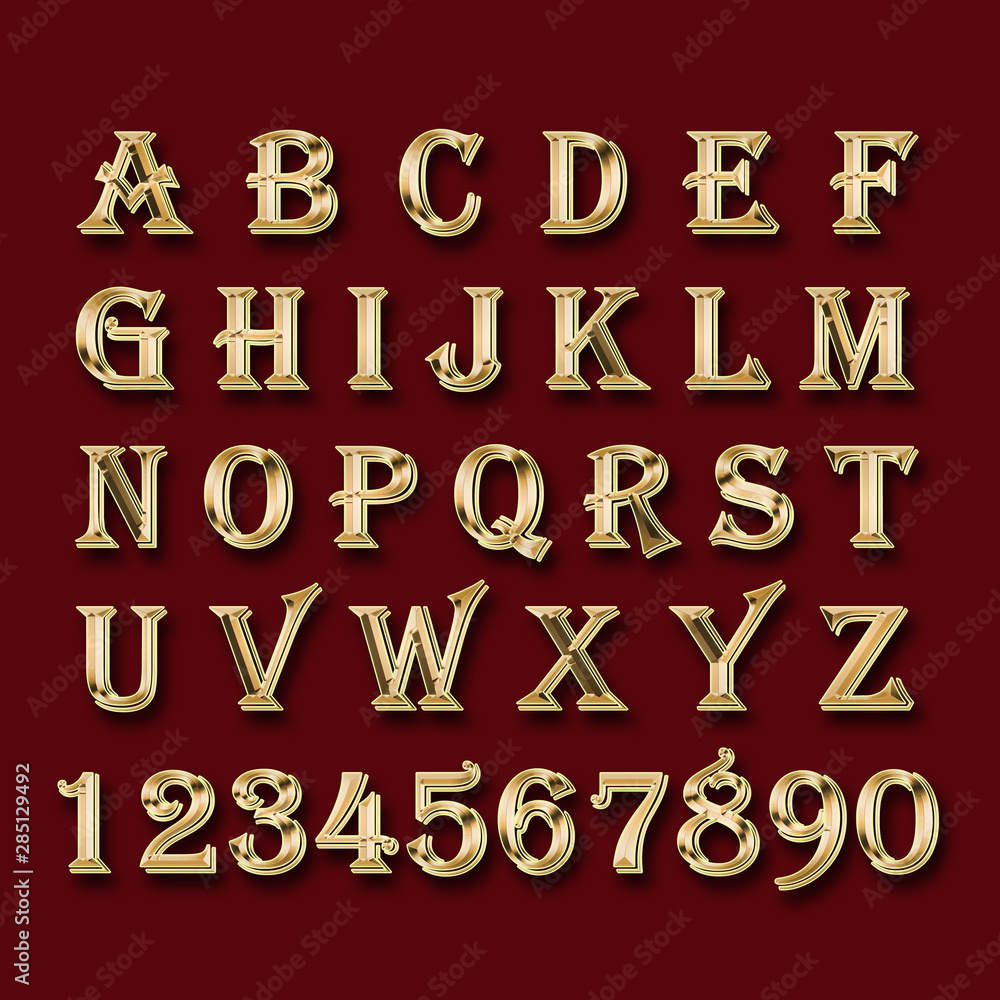 Golden alphabet and numbers on a red background. Golden alphabet and numbers on a red background.