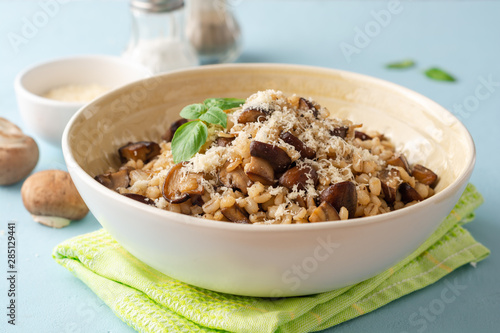 Pearl barley risotto or orzotto with mushrooms and parmesan cheese in bowl on blue concrete background. Selective focus.