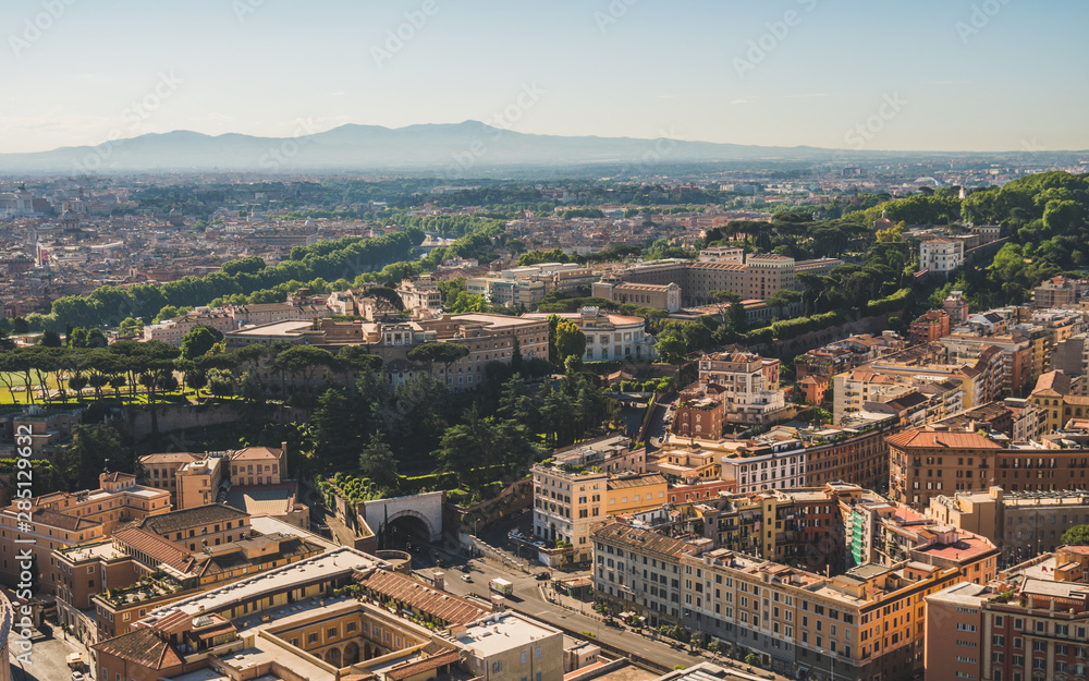 Panoramic view of Rome from the top of St Peter's Basilica roof. Famous touristic european attraction. Italy, Europe