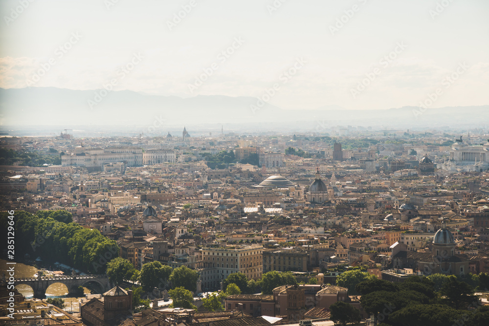 Panoramic view of Rome from the top of St Peter's Basilica roof. Famous touristic european attraction. Italy, Europe