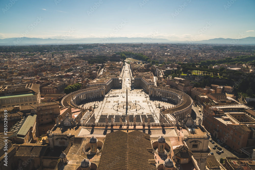 Panoramic view of Rome from the top of St Peter's Basilica roof. Famous touristic european attraction. Italy, Europe