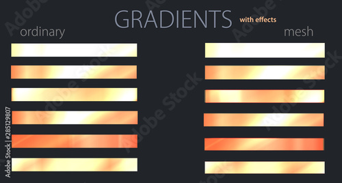 Yellow gradients with effects. Set or palette. Mesh and regular gradients. Golden colors. For designers. Vector illustration. Holiday colors. Graphic resources. Yellow and orange color. 