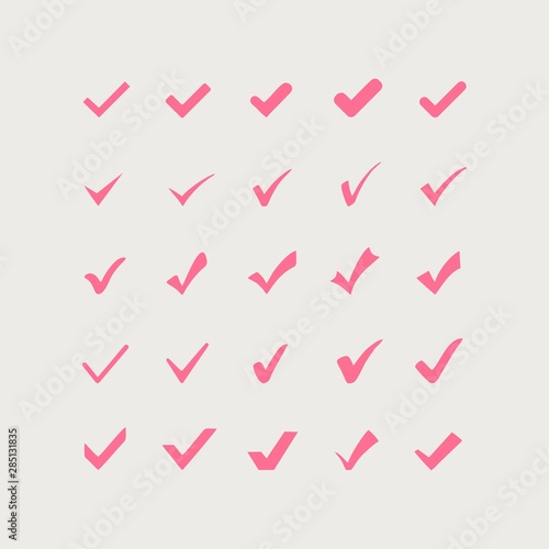 Isolated pink checkmark in a gray background. Ideal for application, website or clip art.