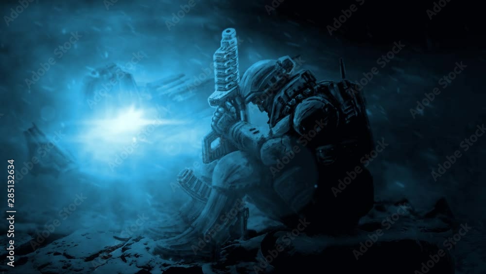 Sci-fi soldier 2D animation. Fantastic warrior sits on wreckage leaning on rifle. Heavy space marine awaits evacuation by space shuttle. War of future on hostile alien planet. Video in cold colors. Sci-fi soldier 2D animation. Fantastic warrior sits on wreckage leaning on rifle. Heavy space marine awaits evacuation by space shuttle. War of future on hostile alien planet. Video in cold colors.