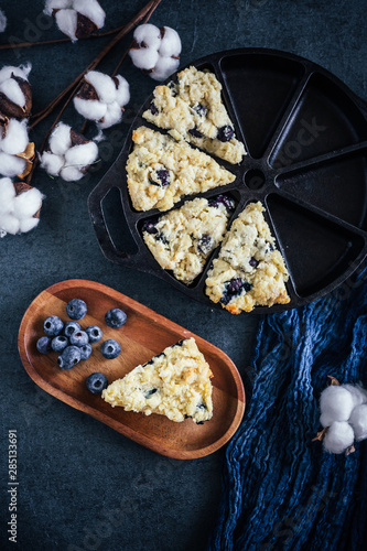 Cast iron blueberry scones, flat lay