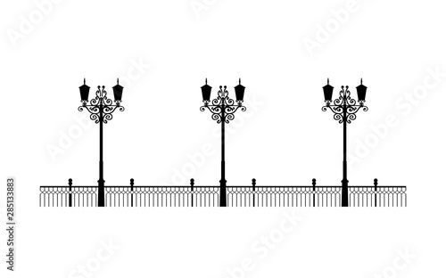 Street black promenade example for design. Architectural solution template editable EPS10 file, illustration lanterns on the waterfront. Stylish Urban graphics.
