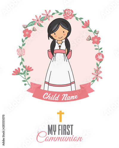 Invitation my first communion. Girl inside a flower frame
