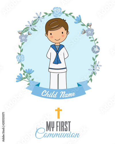 Invitation my first communion. Boy inside a flower frame