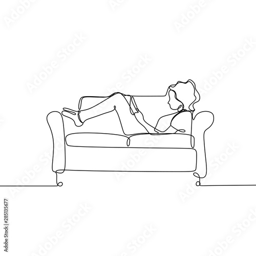 Continuous line drawing woman with smartphone on sofa minimalist concept of leisure time vector illustration