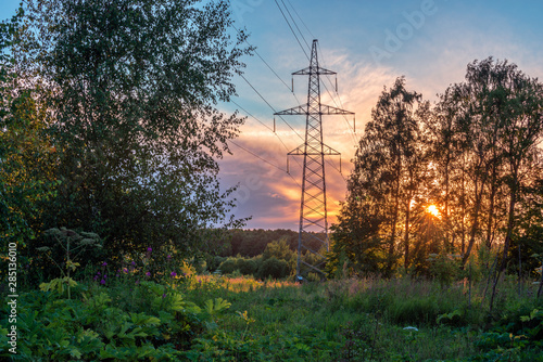 High voltage power line in forest at sunset