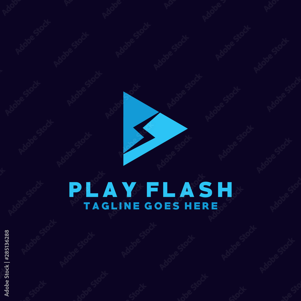 Play Flash Logo Vector Design Template. Media and Player Icon. Thunder And Modern Symbol. - obrazy, fototapety, plakaty 