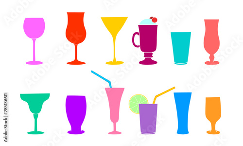 Silhouettes of cocktail, wine or champagne glasses. Cocktail straw. Vector set