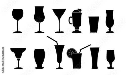 Silhouettes of cocktail, wine or champagne glasses. Cocktail straw. Vector set