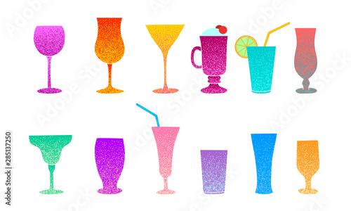 Silhouettes of cocktail, wine or champagne glasses. Cocktail straw. Vector set