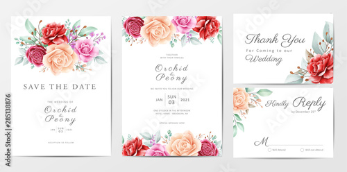 Beautiful flowers wedding invitation cards template set