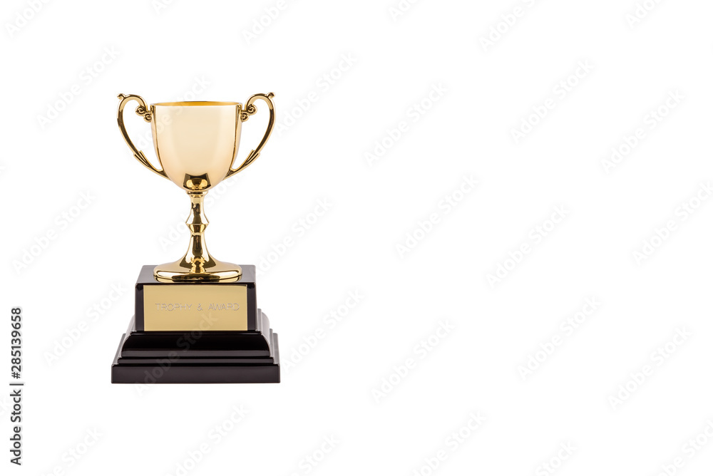 Brass steel trophy, dual handle neo-classic, isolated on white. Trophy is a tangible, durable reminder of a specific achievement, serves as recognition / evidence of merit, awarded for sporting events Brass steel trophy, dual handle neo-classic, isolated on white. Trophy is a tangible, durable reminder of a specific achievement, serves as recognition / evidence of merit, awarded for sporting events