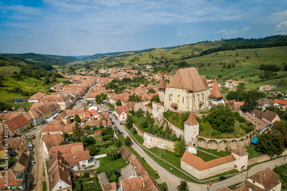 Aerial view of Biertan fortified church in Biertan village, Transylvania, Romania.
