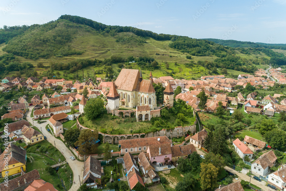 Obraz premium Aerial view of Biertan fortified church in Biertan village, Transylvania, Romania.