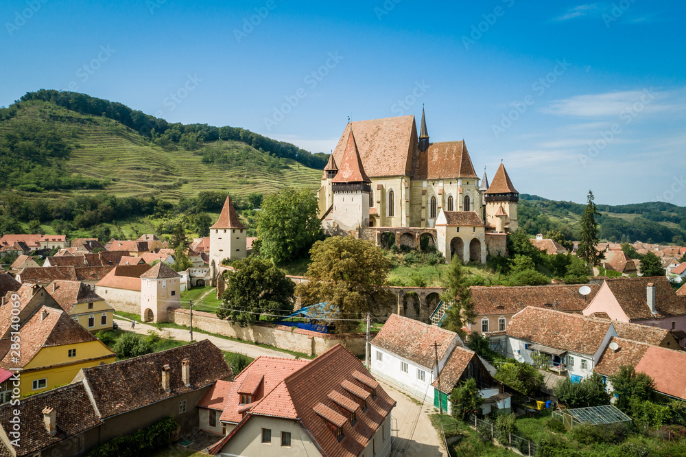 Aerial view of Biertan fortified church in Biertan village, Transylvania, Romania.