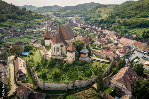Aerial view of Biertan fortified church in Biertan village, Transylvania, Romania.
