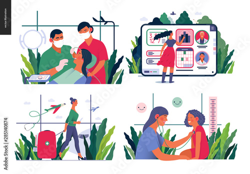 Set of medical insurance illustrations - routine dental checkups, medical application, medical tourism, pediatrics - modern flat vector concept digital illustrations, insurance plan metaphor