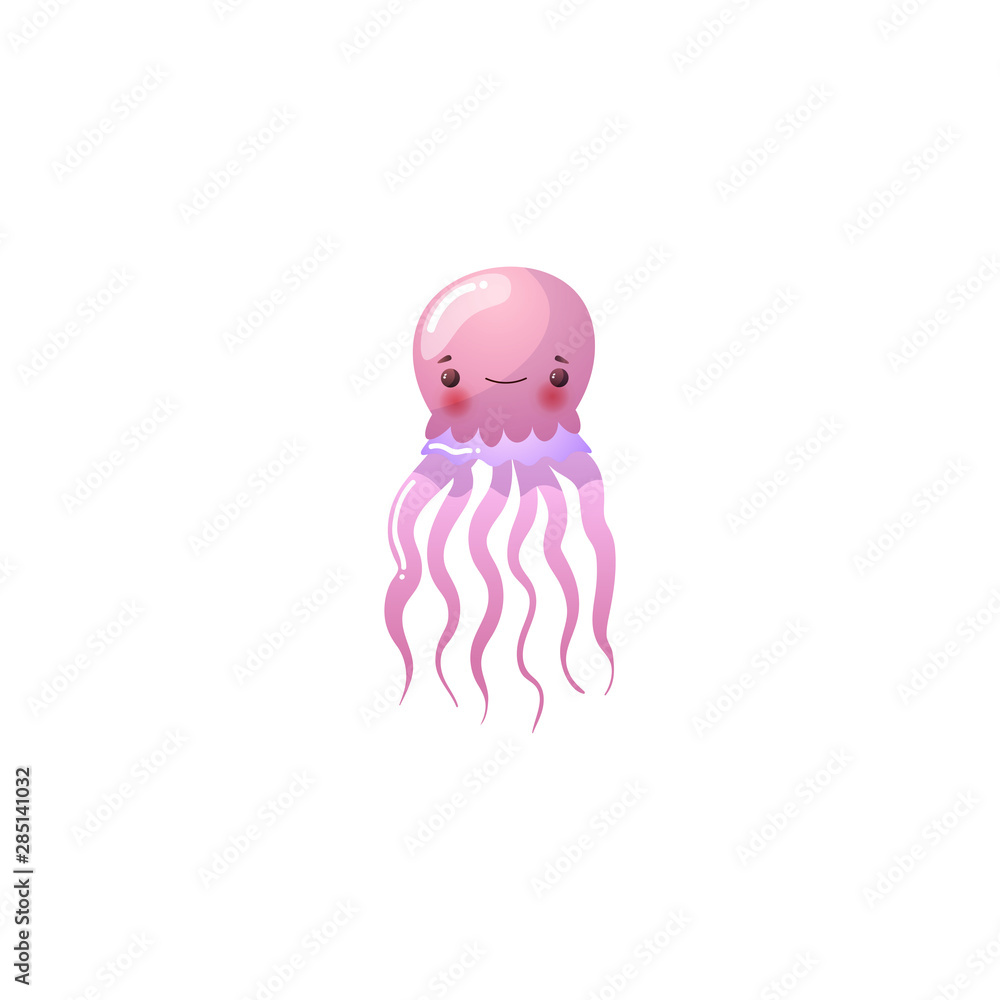 Funny pink jellyfish. Underwater creature. Raster illustration in the flat cartoon style. Funny pink jellyfish. Underwater creature. Raster illustration in the flat cartoon style.