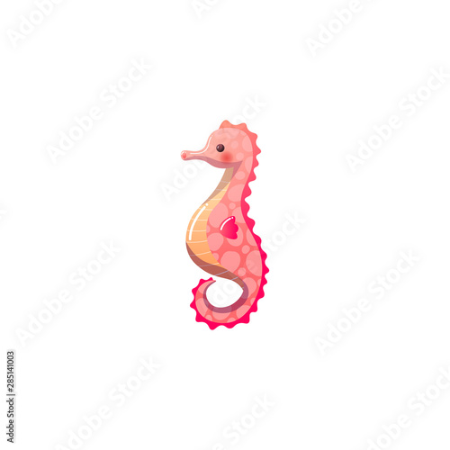 Pink sea horse. Raster illustration in the flat cartoon style