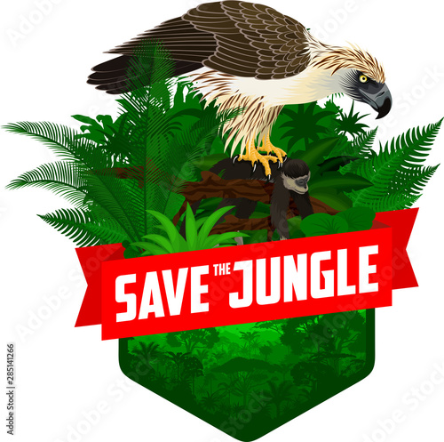 vector jungle rainforest emblem with philippine Eagle - Pithecophaga jefferyil with monkey
