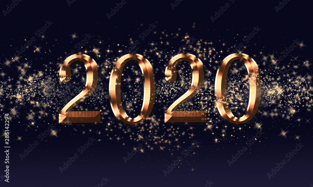 Golden black Christmas or New Year background, inscription 2020 with glitter, snowflakes, stars, bokeh lights on the blue gradient background, raster illustration