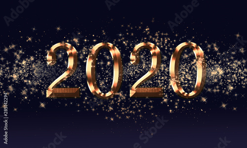 Golden black Christmas or New Year background, inscription 2020 with glitter, snowflakes, stars, bokeh lights on the blue gradient background, raster illustration